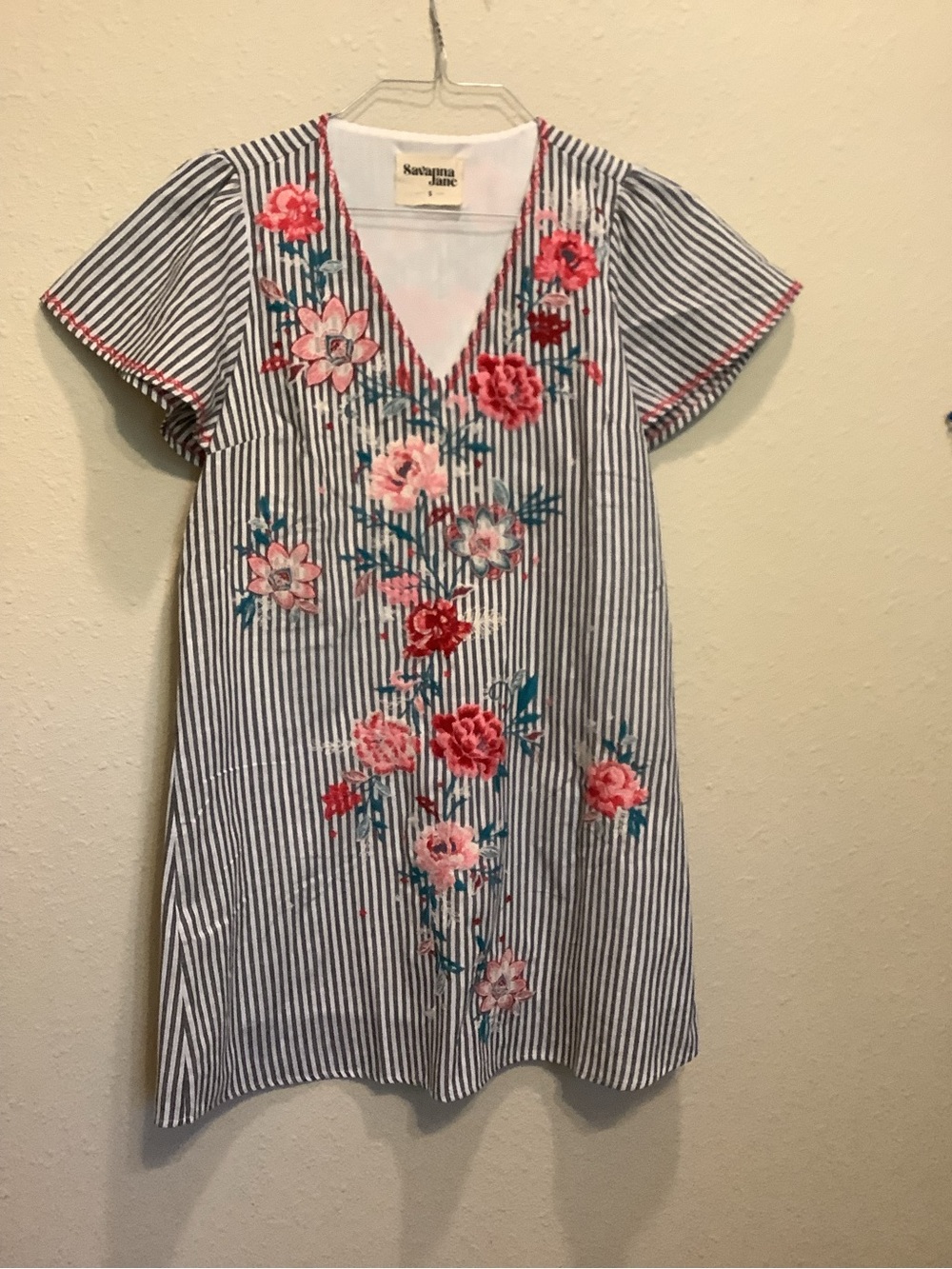 Savanna Jane Blue and White Striped Midi Dress with Pink Floral Embroidery